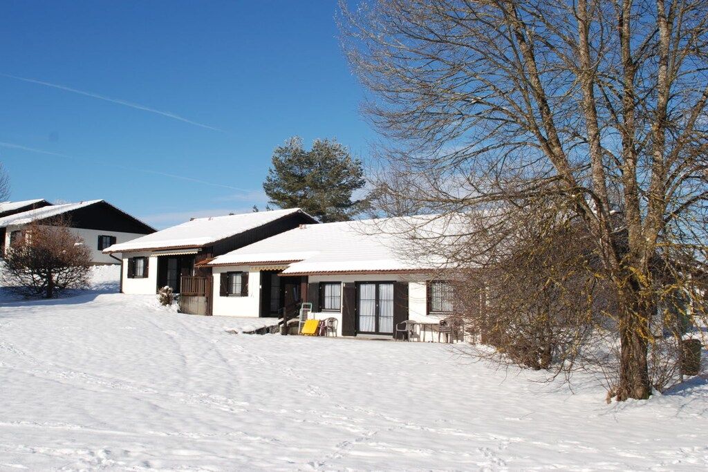 Ein schneebedecktes Wohngebiet mit Häusern, blauem Himmel und kahl stehenden Bäumen.
