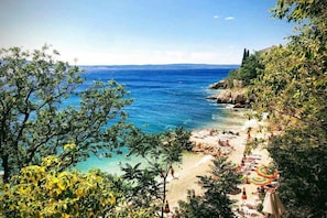 Ein Strand mit klarem, blauem Wasser, umgeben von viel Grün und Felsen.