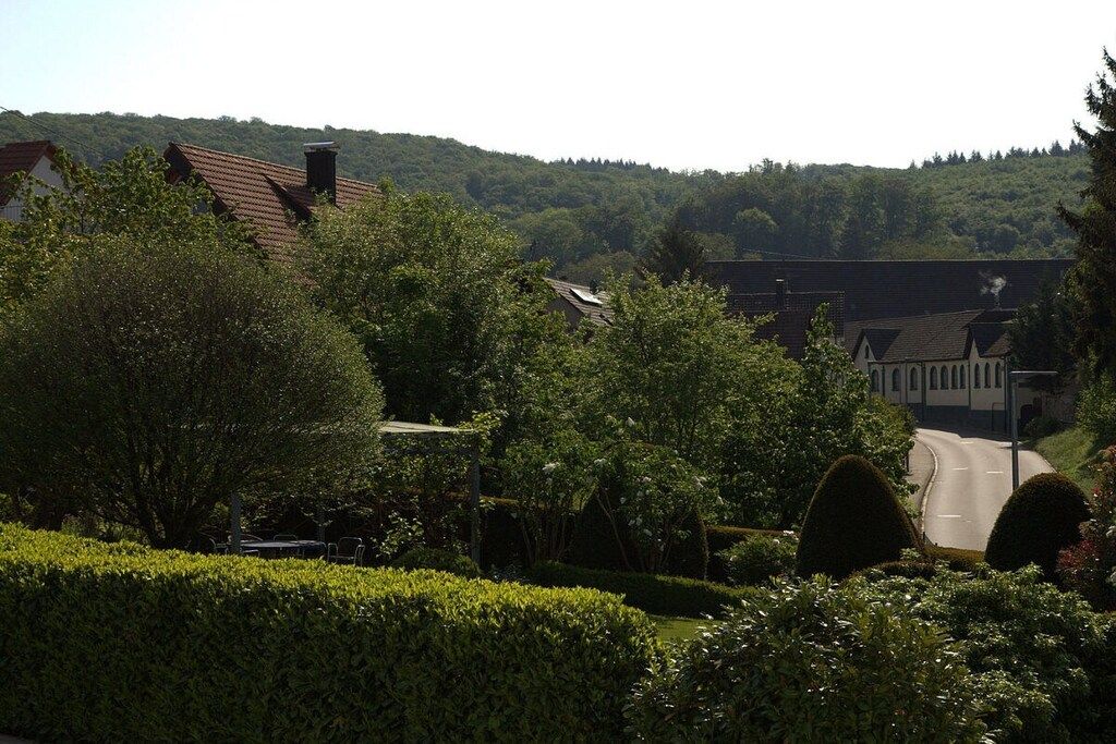 A residential area with a road, houses, and a hill in the background.