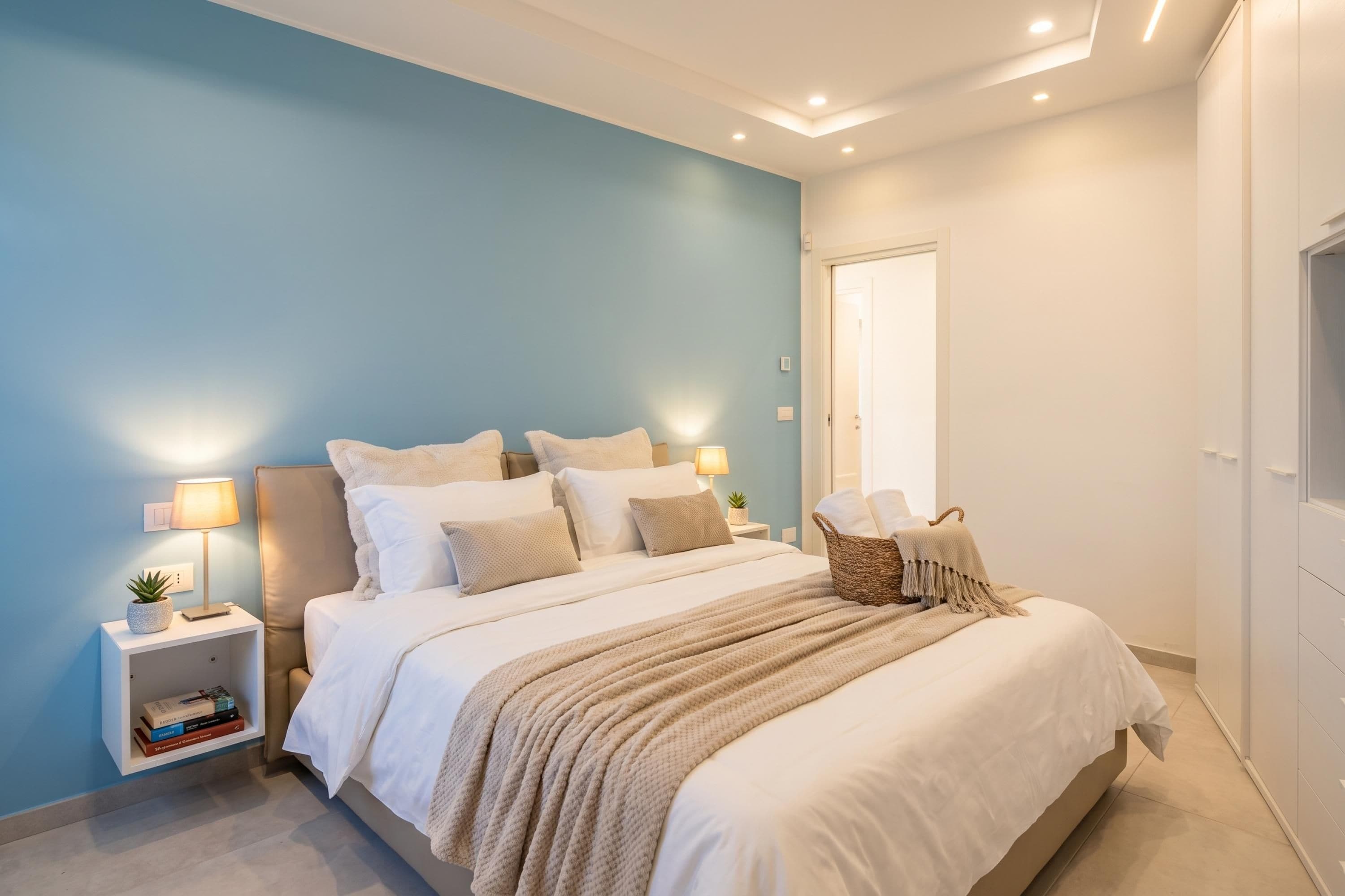 A modern bedroom with a bed, bedside tables, a lamp, and a small plant.