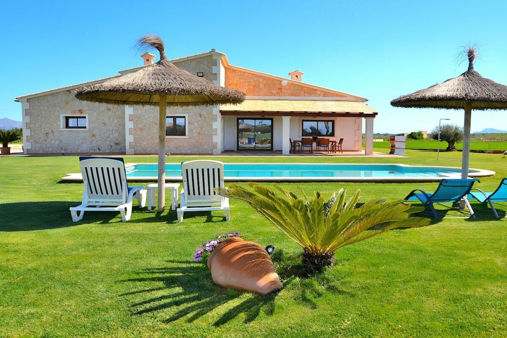 A house with a swimming pool, outdoor seating, and a large plant.