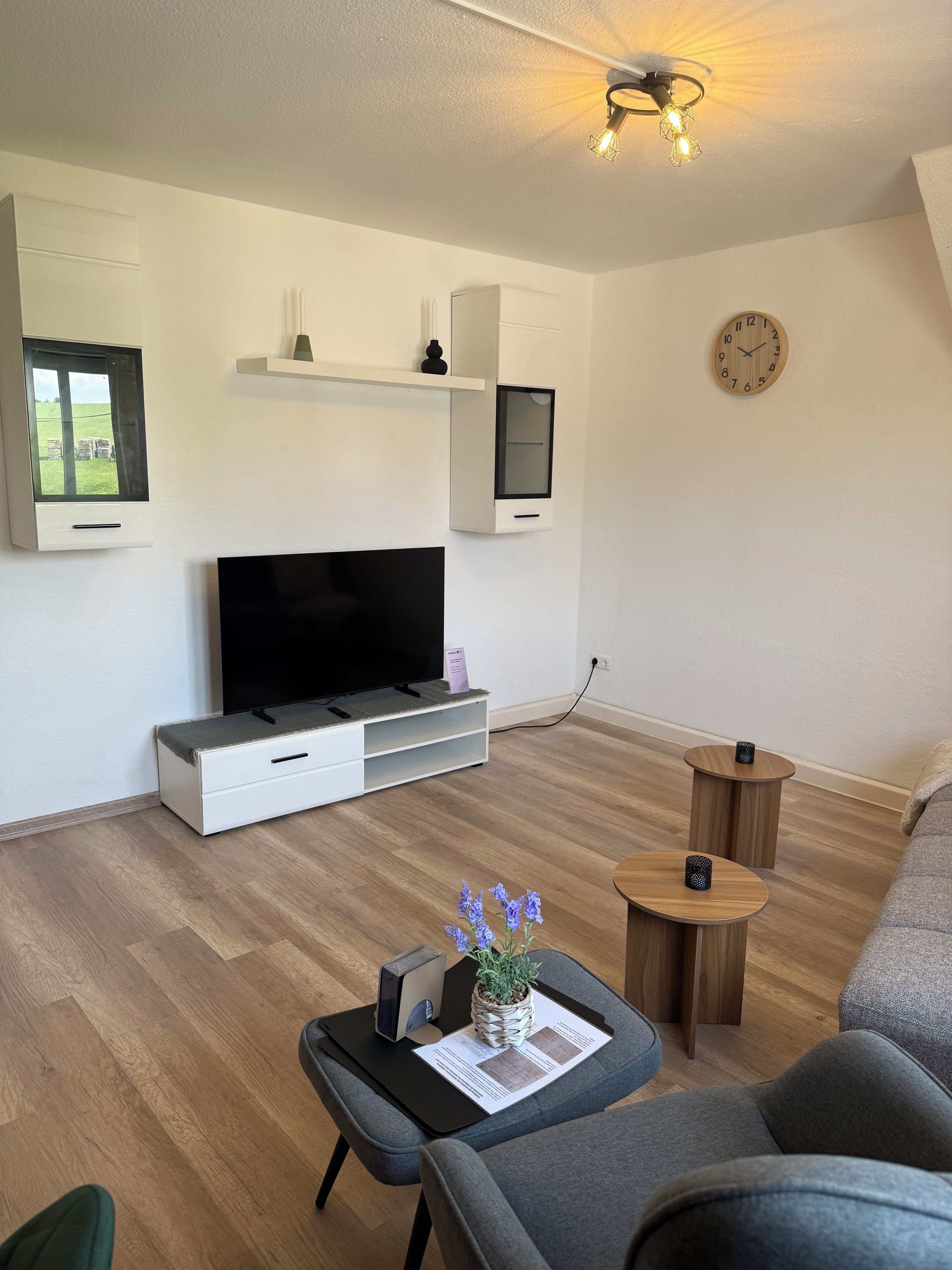 Una sala de estar moderna con un televisor de pantalla plana, un reloj y una mesita con una planta.