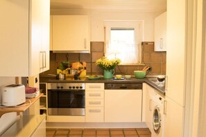 A compact kitchen with a built-in oven, a dishwasher, and a washing machine. - Holiday home with 2 bedrooms (Simonsberg)