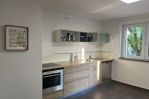 Eine moderne Küche mit Backofen, Geschirrspüler und einem Fenster für Tageslicht.