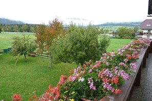 A balcony with a flower bed and a view of a green field and trees. - 2 Apartment House Bauer (Mariapfarr)