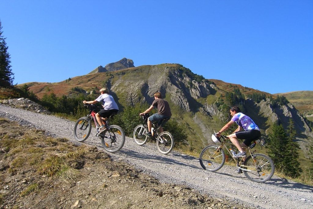 Three cyclists on a gravel path with a mountainous backdrop.