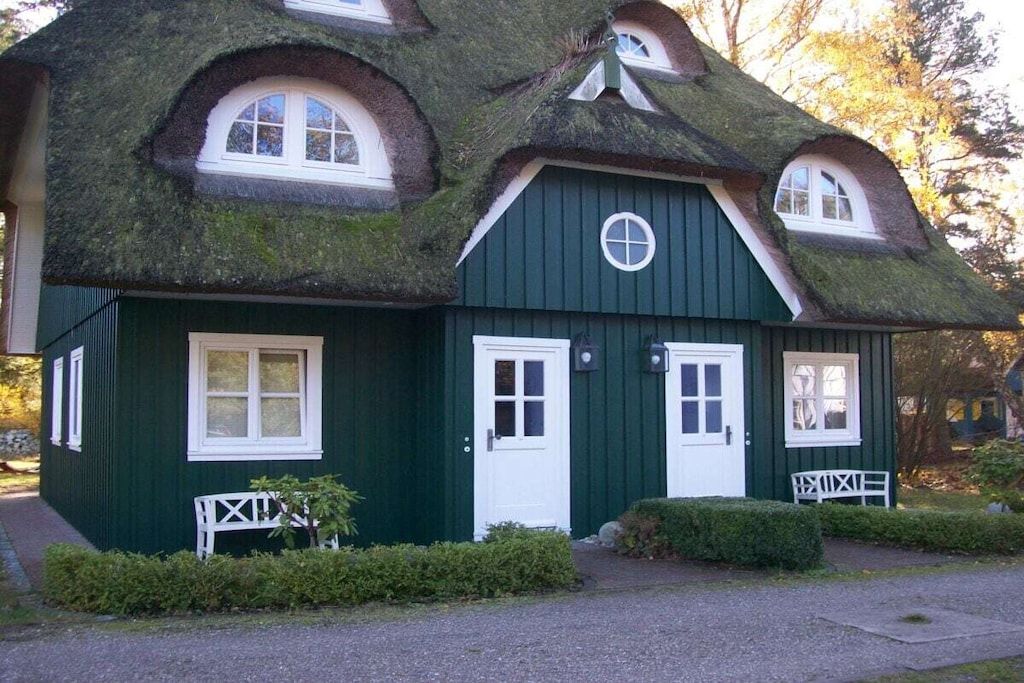 Een traditioneel huis met rieten dak, witte kozijnen en een groene gevel.