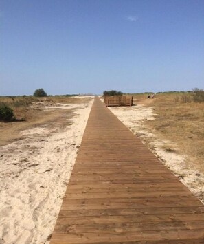 A wooden boardwalk leading to a sandy beach area with sparse vegetation. - Holiday apartment with 2 bedrooms (Wangerland)