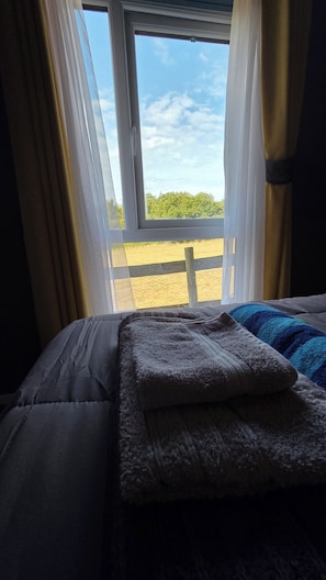 A bed with a view of a fenced outdoor area through a window. - Killymoon Lodge – Luxury Adults-Only Escape with Private Hot Tub (Newport)