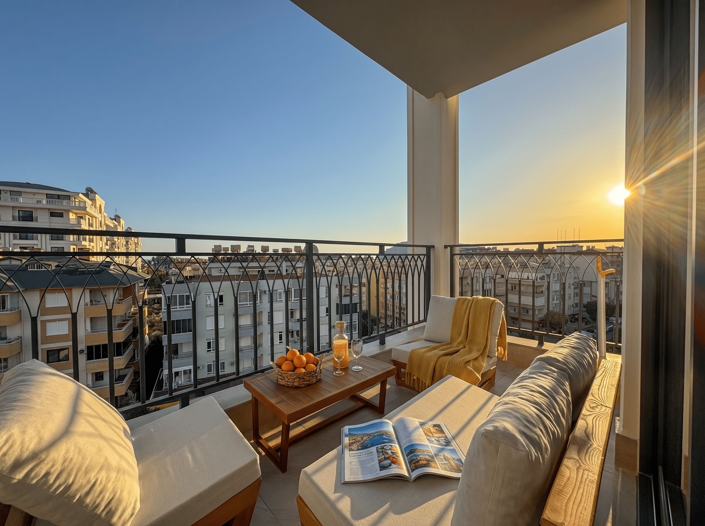 Ein Balkon mit einer Couch, einem Tisch und einer Zeitschrift.