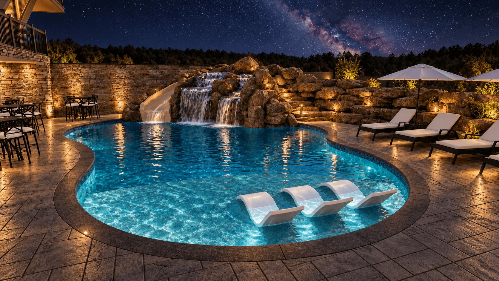 A swimming pool with a waterfall feature, surrounded by lounge chairs and a stone wall.