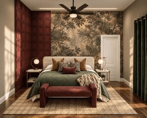 Ein Schlafzimmer mit einem Bett, einer Bank, einem Deckenventilator und einem Nachttisch mit Lampe.