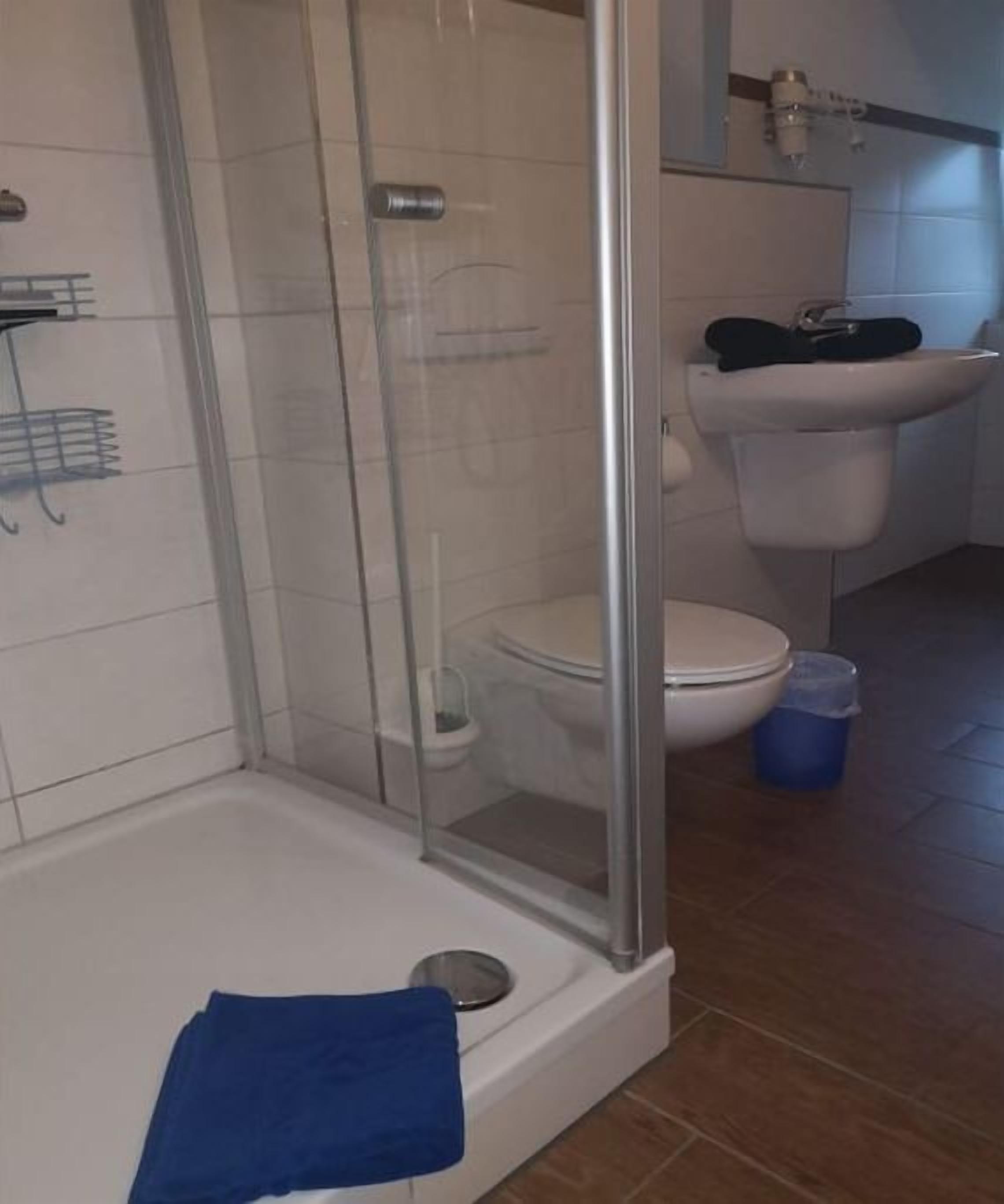 Un bagno con doccia vetrata, lavandino bianco e WC.