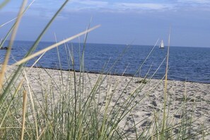 A beach with sand and grass in the foreground and a sailboat on the water in the background. - Holiday apartment with 2 bedrooms (Heringsdorf)