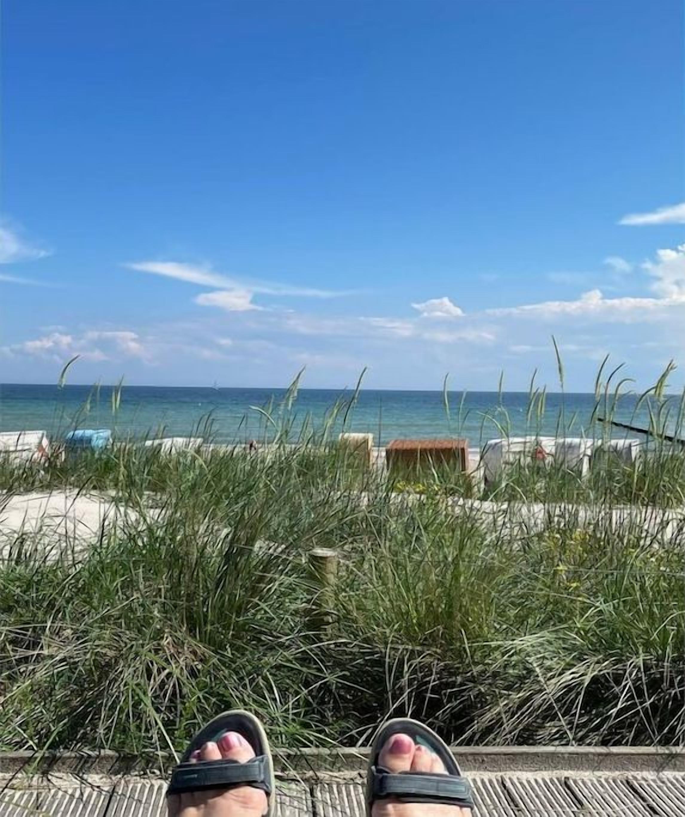 A beach view with a wooden deck, grass, and a clear sky.