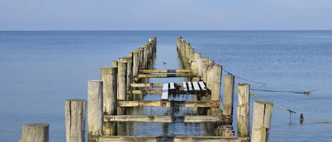 Eine Holzstege ragt in ruhiges Wasser, über ihm ein klarer Himmel.