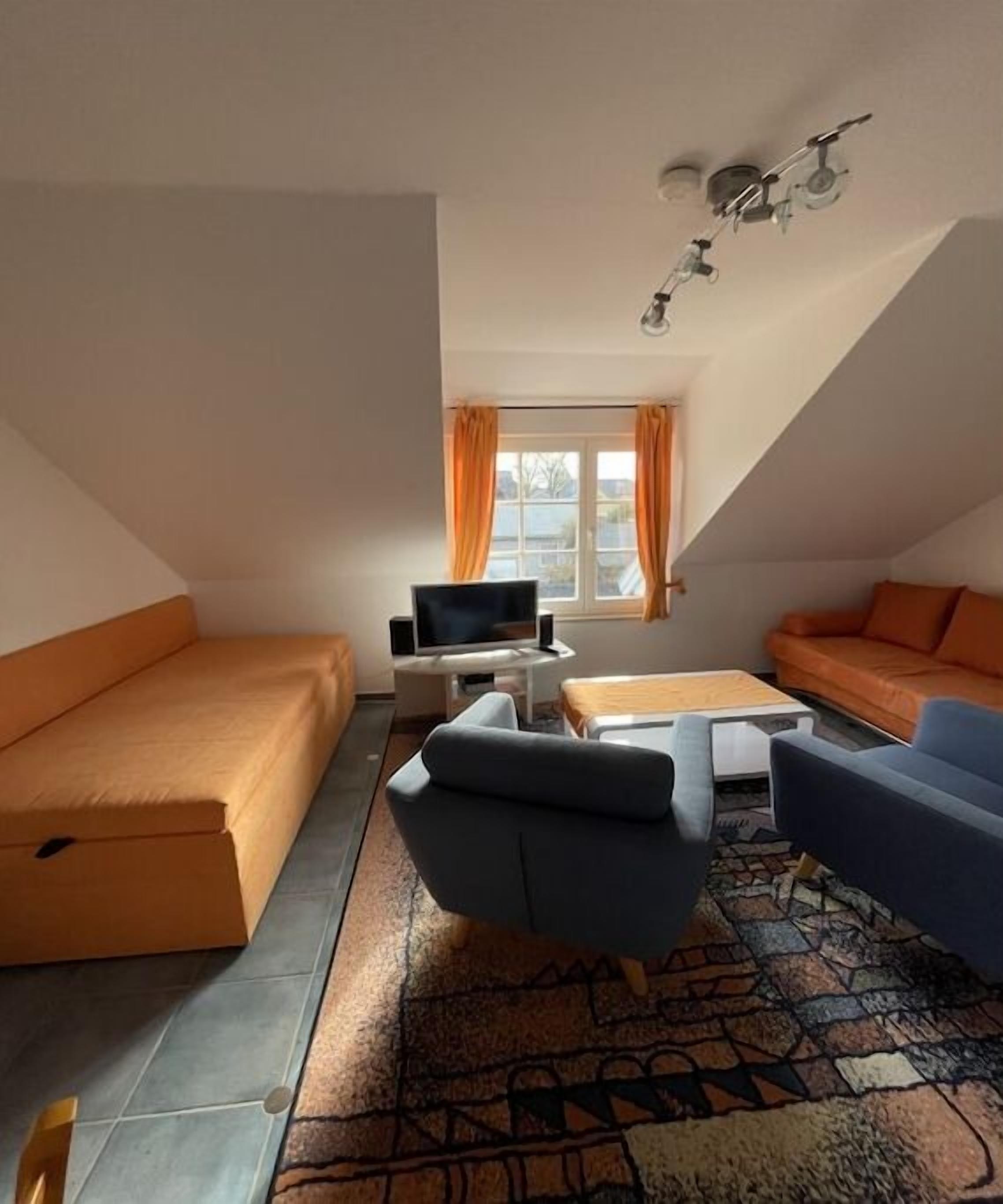 Ein Loft-Zimmer mit geneigter Decke, einer Couch, einem Couchtisch und einem Fernseher.