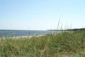 Ein Strand mit Sand und Gras im Vordergrund, ein klarer Himmel und eine ruhige See im Hintergrund.