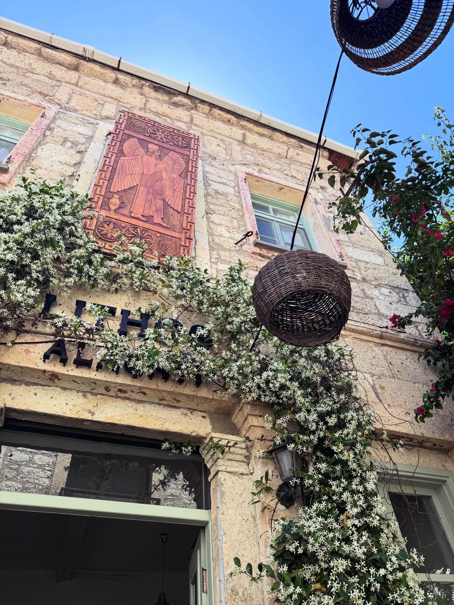 Fachada de edificio con una puerta grande y decorada, y una maceta colgante.
