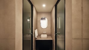 A modern bathroom with a glass partition, a central sink, and a mirror above it.