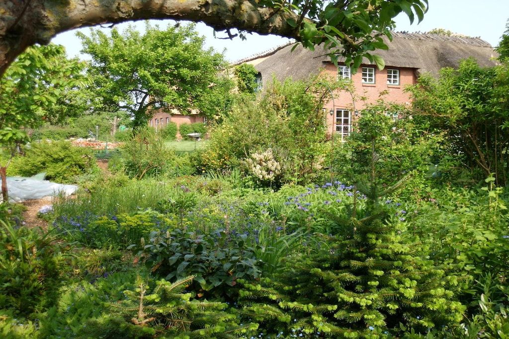 Een landelijke woning met rieten dak, omringd door weelderige begroeiing en bloeiende planten.