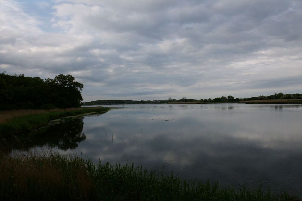 Een rustig waterlichaam dat de lucht weerspiegelt, omringd door grasvelden en bomen.