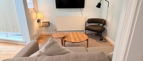 A modern living room with a sofa, a flat-screen TV, a radiator, and a lamp.