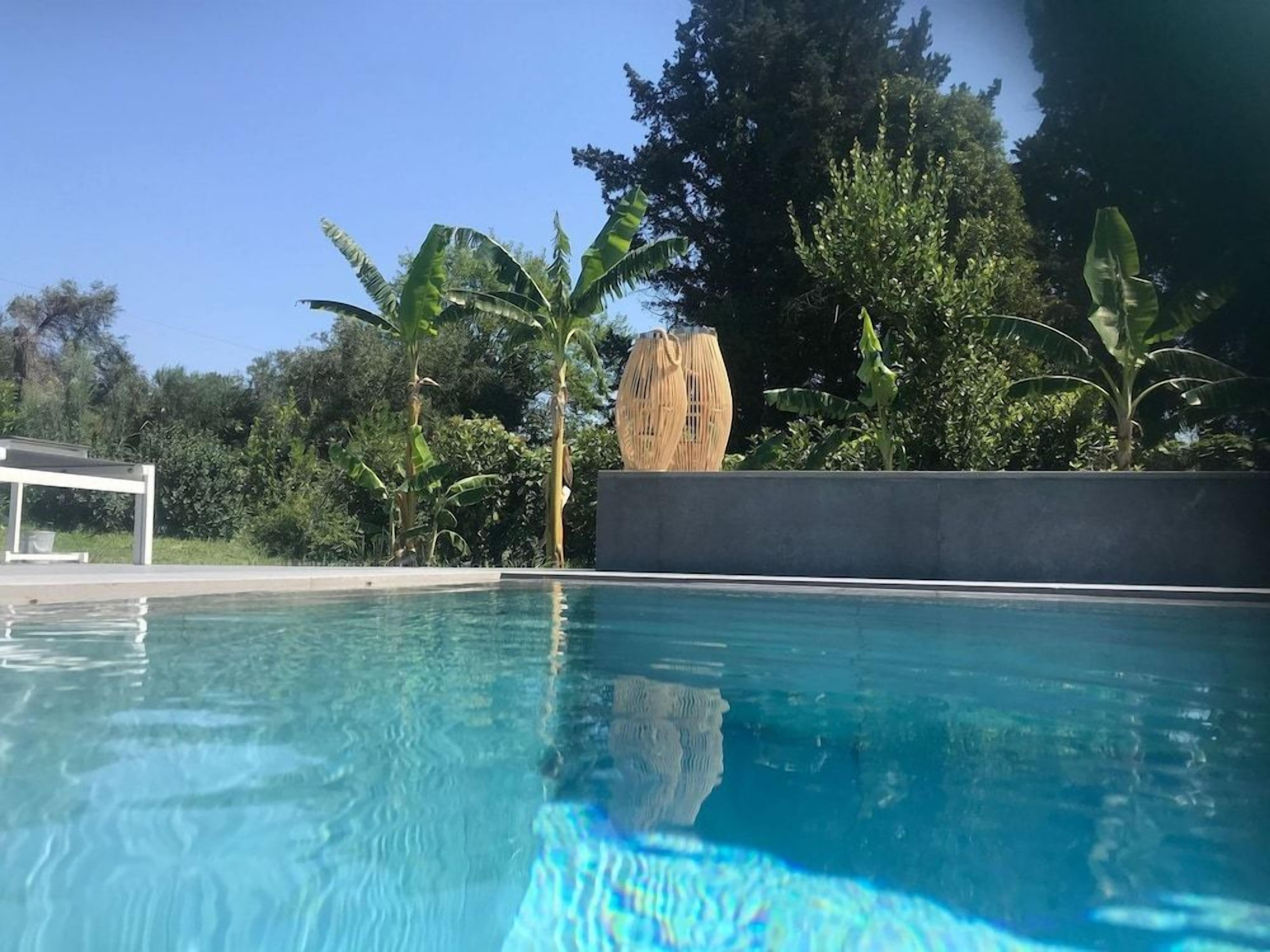 A clear swimming pool with a view of surrounding greenery and a large rock structure.