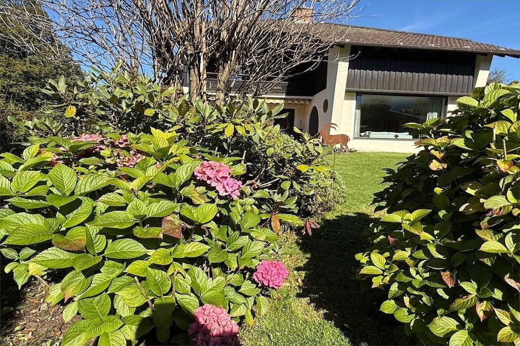 Ein modernes Haus mit gepflegtem Garten und blauem Himmel.