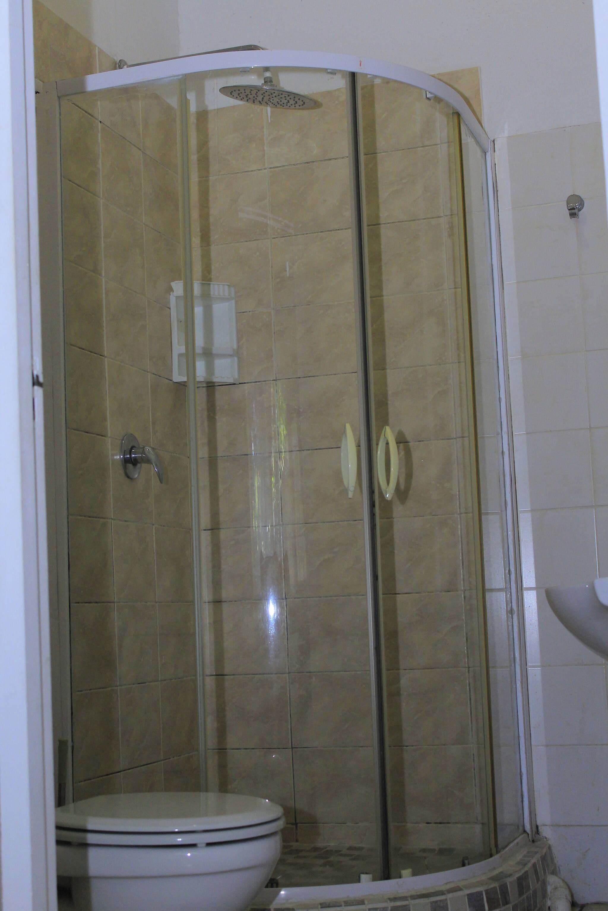 Un baño con ducha de mampara de vidrio, inodoro y lavamanos.