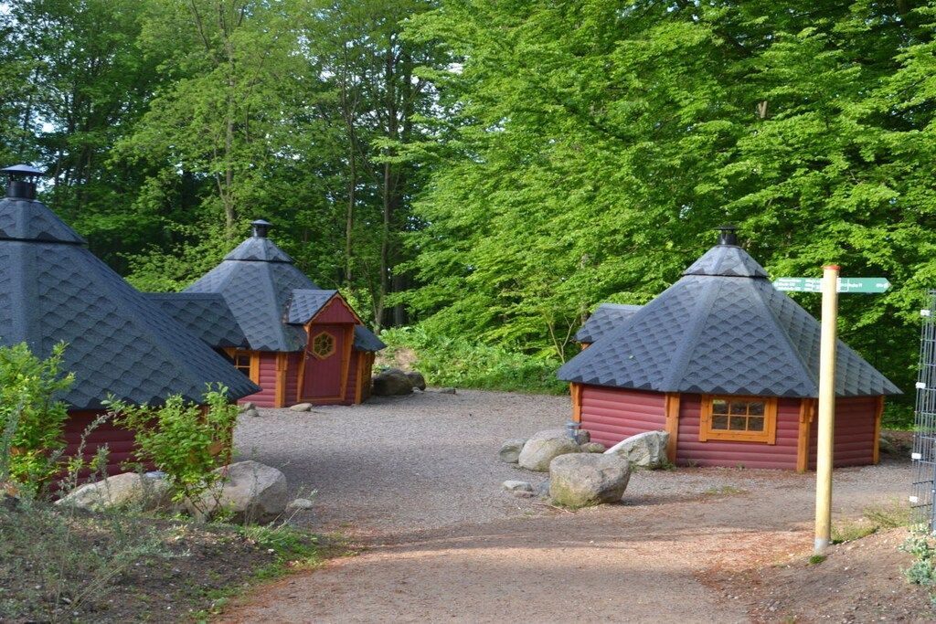 A rustic cabin with a gravel path leading to it, surrounded by trees.