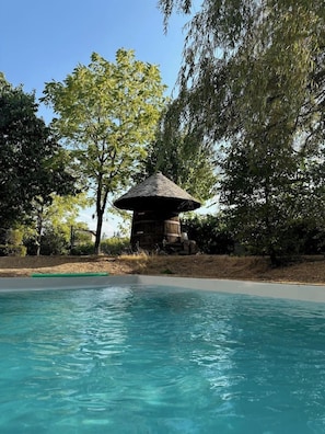 A swimming pool with a thatched-roof structure in the background. - Hotel Le Dahu (Parigny)