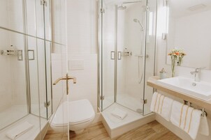 Casa de banho moderna com chuveiro de vidro, sanita e espelho com lavatório.