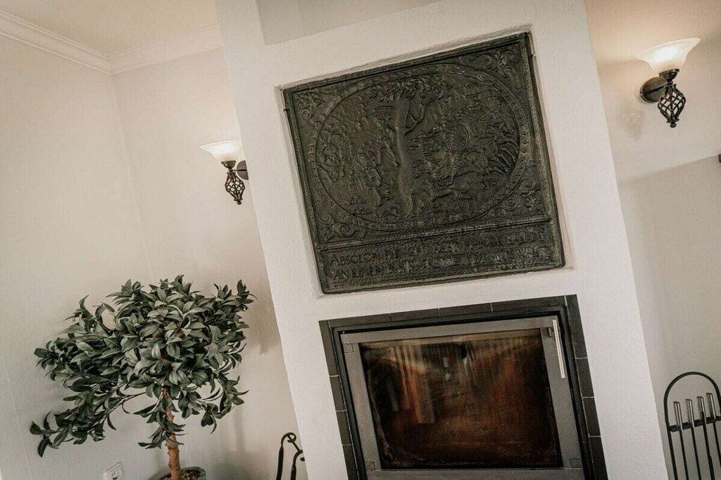 Una habitación con chimenea, un panel de metal decorativo y una planta en maceta.