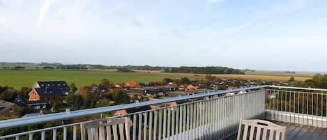 A wooden deck with a railing overlooking a residential area with houses and open fields.