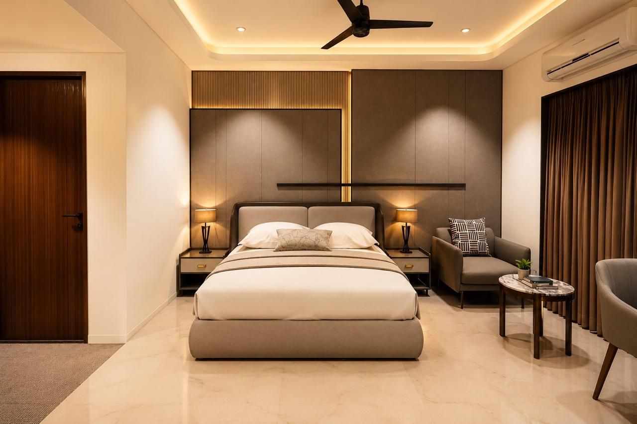 Un dormitorio moderno con una cama grande, mesitas de noche, un sofá y un ventilador de techo.