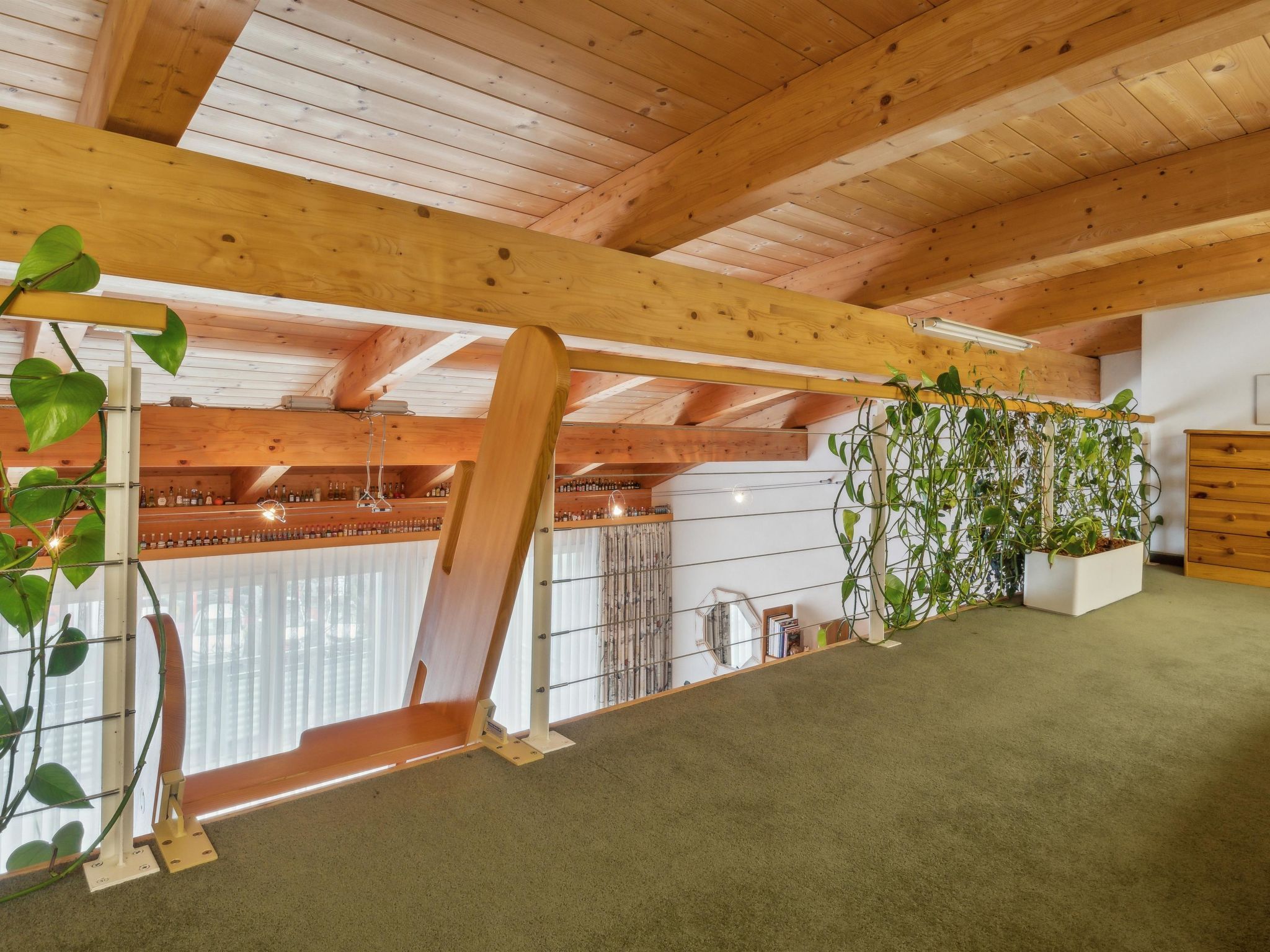 Une pièce avec des poutres en bois, une moquette verte, un banc en bois, une plante suspendue et une armoire blanche.