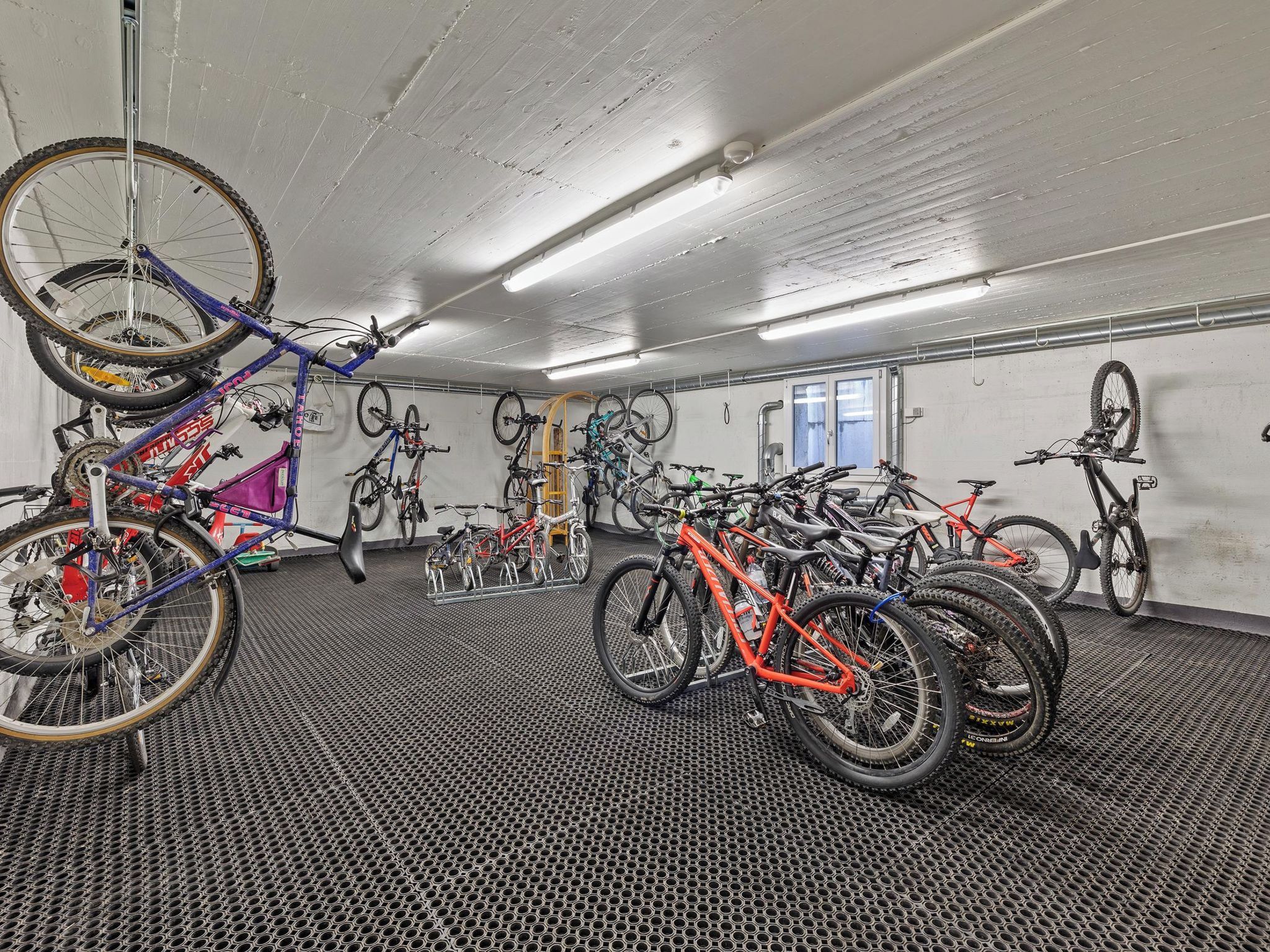 A bike storage area with multiple bicycles, a ceiling-mounted bike rack, and a door leading to another room.