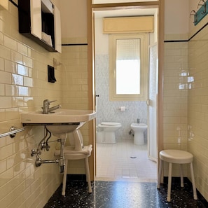 A bathroom with a sink, toilet, bidet, and a mirror. - Arborea (Jesolo)