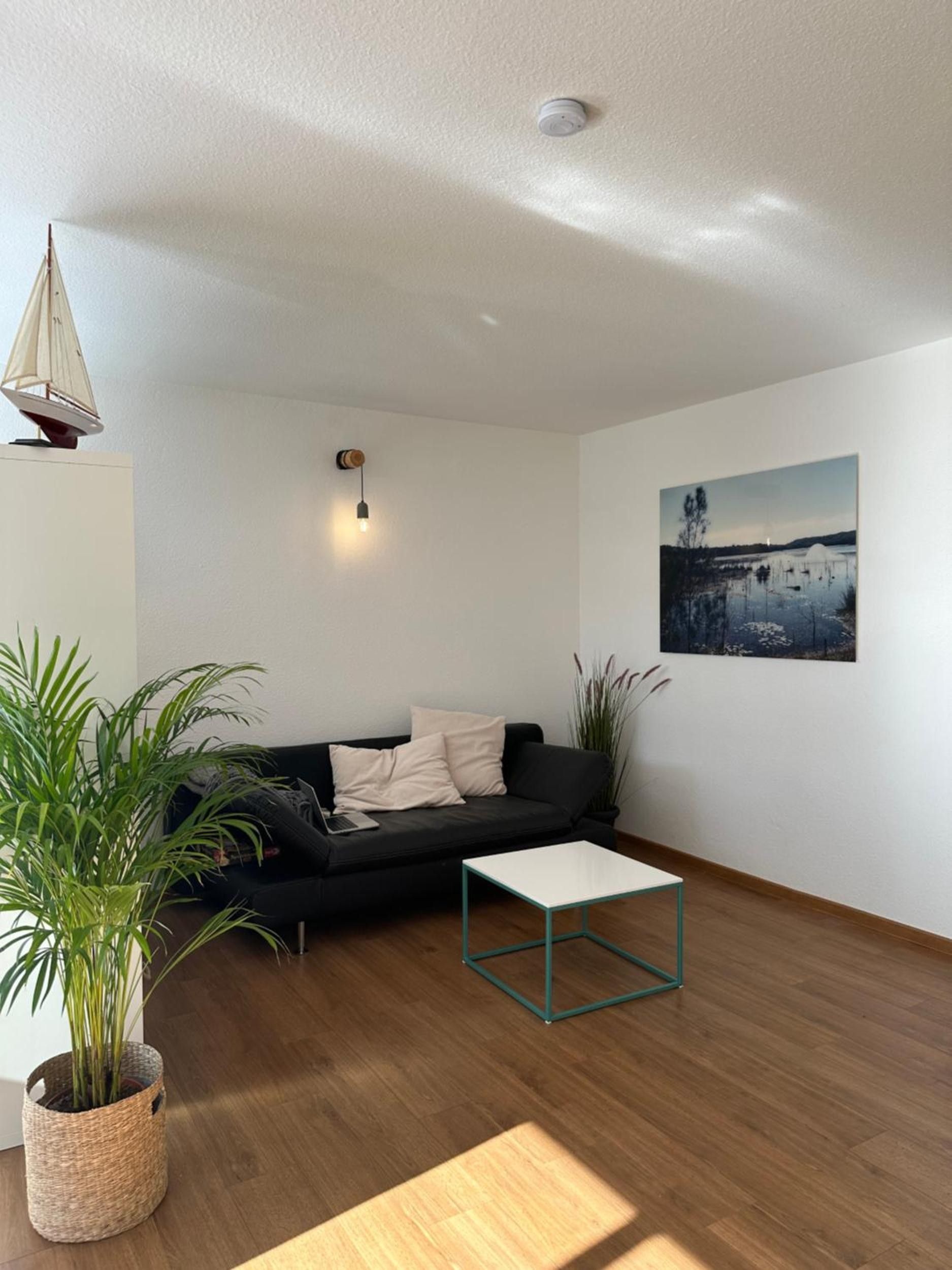 Una sala de estar moderna con un sofá negro, una mesita blanca y un cuadro en la pared.