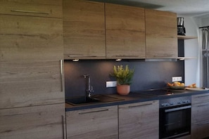 Eine moderne Küche mit Holzschränken, einer schwarzen Arbeitsplatte, einer Spüle, einem Herd und einem Blumentopf.