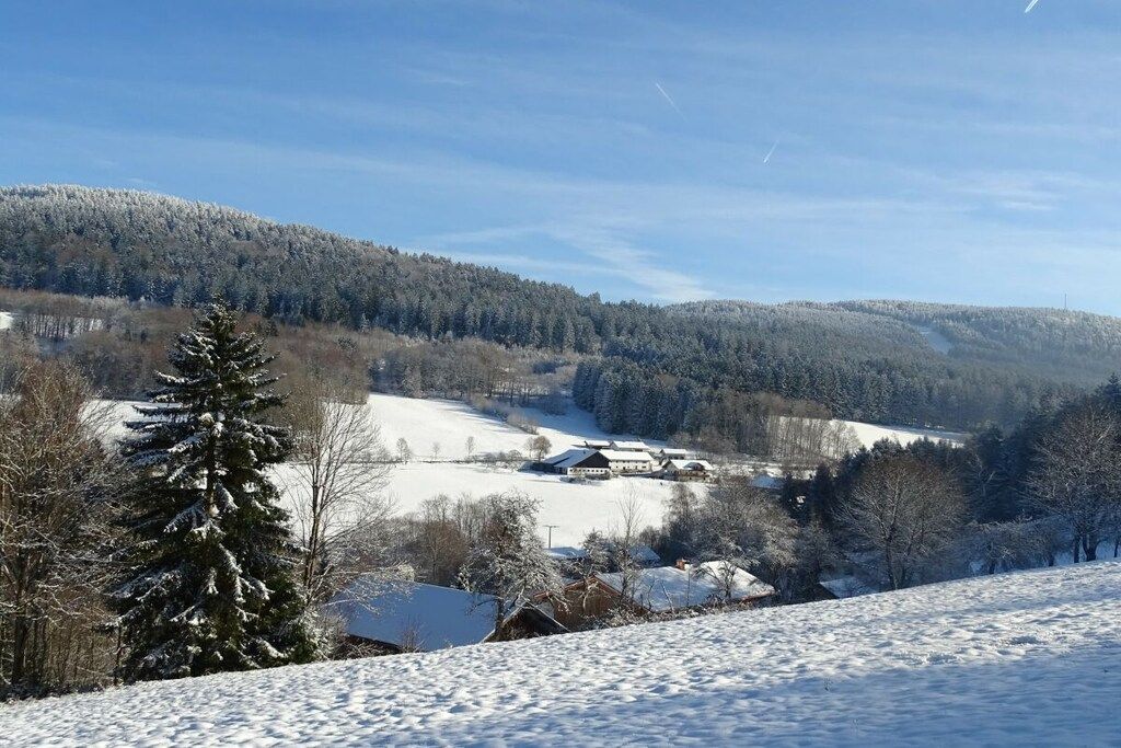 A snow-covered landscape with a building and trees.