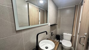 Een moderne badkamer met een rond wastafel, toilet en spiegel boven de wastafel.