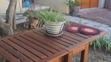 Une table en bois, un pot de fleurs, deux chaises rembourrées et un set de table en fibres tressées.