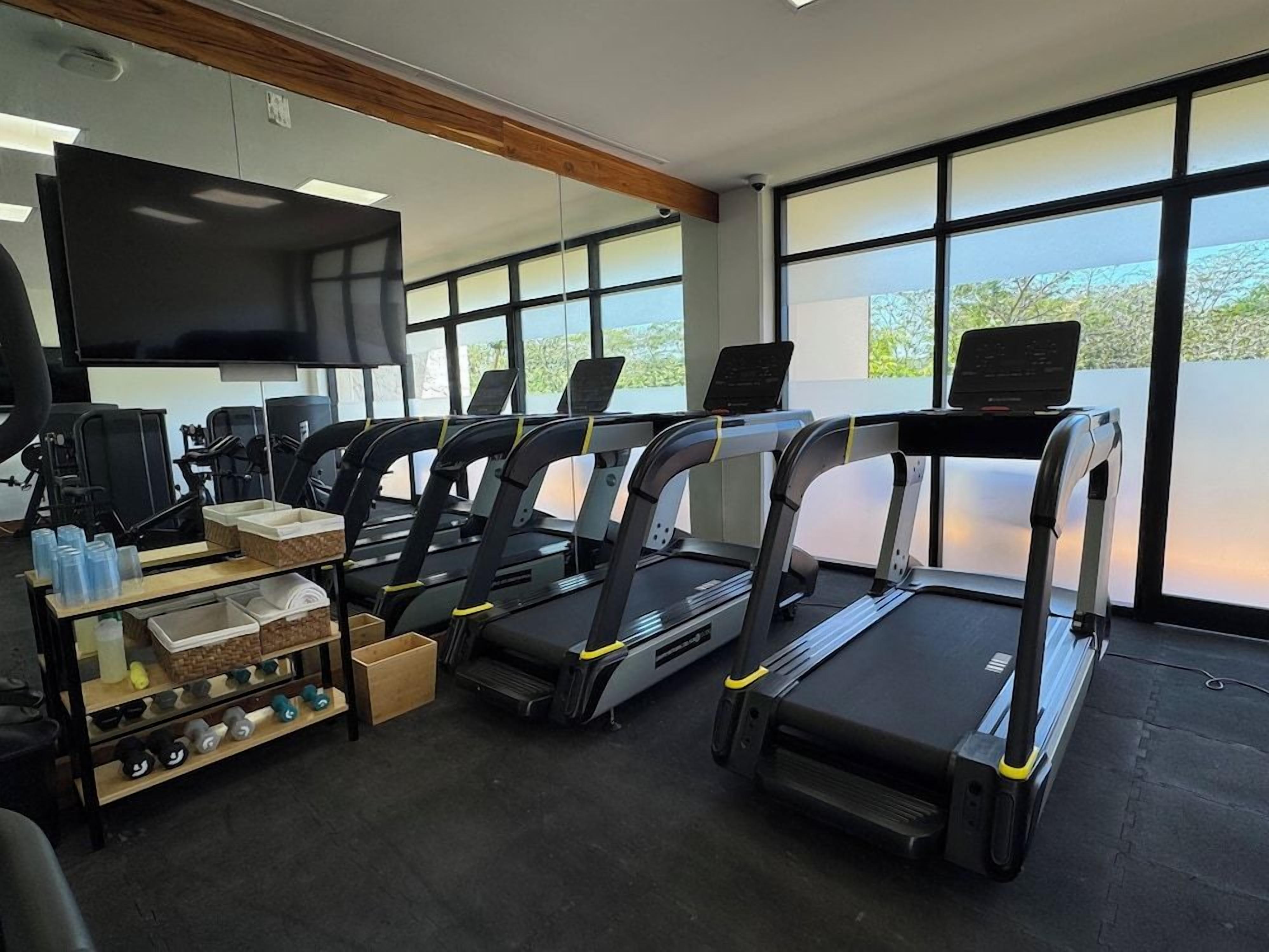 A gym with treadmills, exercise equipment, and a TV screen.