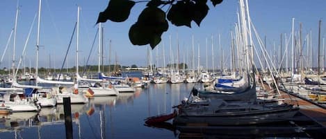 A marina with numerous boats docked in calm waters.