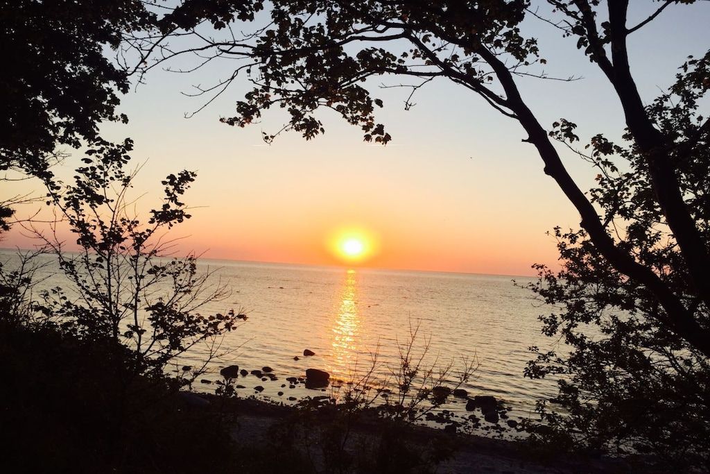 Un coucher de soleil sur une étendue d’eau, avec des arbres encadrant le paysage.