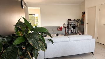 Uma sala de estar moderna com um sofá cinza, uma grande planta em vaso e uma estante de livros.