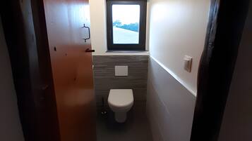 A narrow hallway leading to a bathroom with a window, a toilet, and a small sink.
