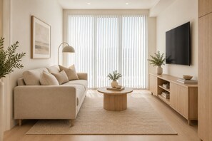 Ein modernes Wohnzimmer mit Sofa, Couchtisch und Fernseher.